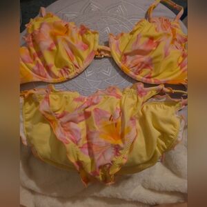 wild fable Yellow Floral Ruffle Bikini Set with Pink & Orange Accents